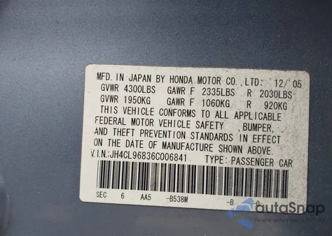 2006 Acura Tsx z USA, uszkodzony, nr VIN JH4CL96836C006841